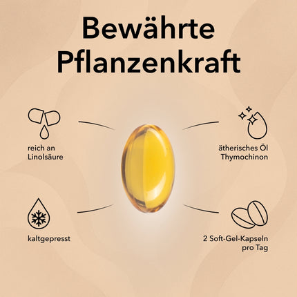 Schwarzkümmelöldose mit Produktinforrmationen: kaltgepresst und Tagesdosis etc.