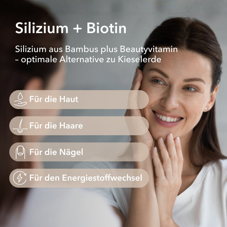 Produktinformationen zu Silizium + Biotin. Silizium aus Bambus und Biotin mit Anwendungsgebieten: Für die Haut, für die Haare, für die Nägel und für den Energiestoffwechsel.