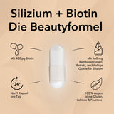Produktinformationen zu Silizium + Biotin. Die Beautyformel mit Angabe der Tagesdosis, Verzehrempfehlung, 100 % vegan, ohne Gluten, Laktose und Fruktose
