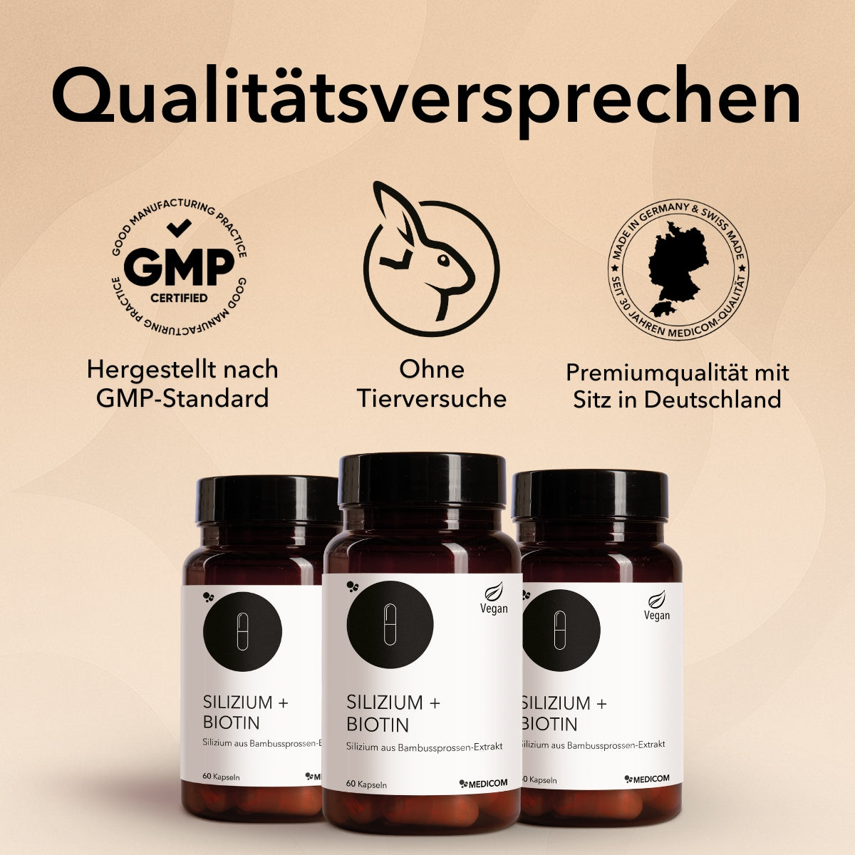 Das Qualitätsversprechen von Medicom und drei Produktdosen von Silizium + Biotin. Hergestellt nach GMP-Standard, ohne Tierversuche, Premiumqualität mit Sitz in Deutschland.
