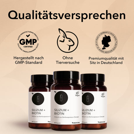 Das Qualitätsversprechen von Medicom und drei Produktdosen von Silizium + Biotin. Hergestellt nach GMP-Standard, ohne Tierversuche, Premiumqualität mit Sitz in Deutschland.