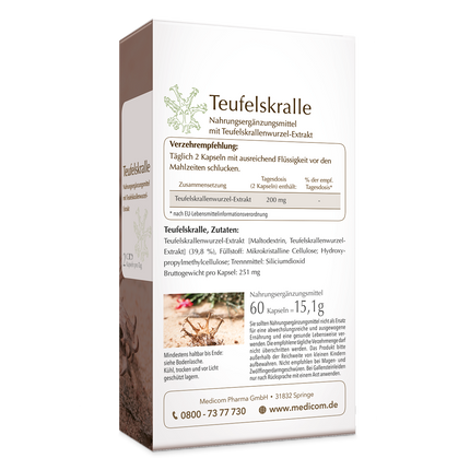 Teufelskralle – Rückansicht der Produktpackung mit Angabe der Verzehrempfehlung und Zutaten