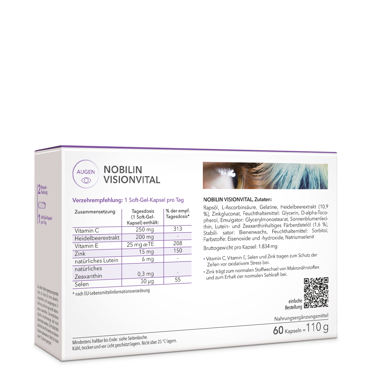 Nobilin Visionvital – die Rückseite der Produktpackung mit genauer Angabe von Verzehrempfehlung, Zutaten und Zusammensetzung.