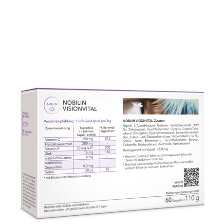 Nobilin Visionvital – die Rückseite der Produktpackung mit genauer Angabe von Verzehrempfehlung, Zutaten und Zusammensetzung.