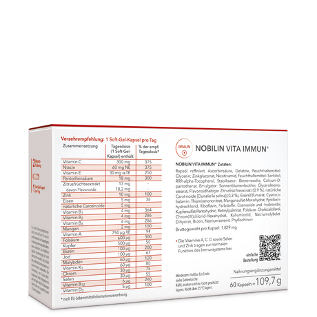 Nobilin Vita Immun®– die Rückseite der Produktpackung mit genauer Angabe von Verzehrempfehlung, Zutaten und Zusammensetzung.