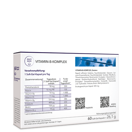 Die Rückseite der Produktpackung Vitamin-B-Komplex von Medicom mit Verzehrempfehlung, Zusammensetzung und Zutaten