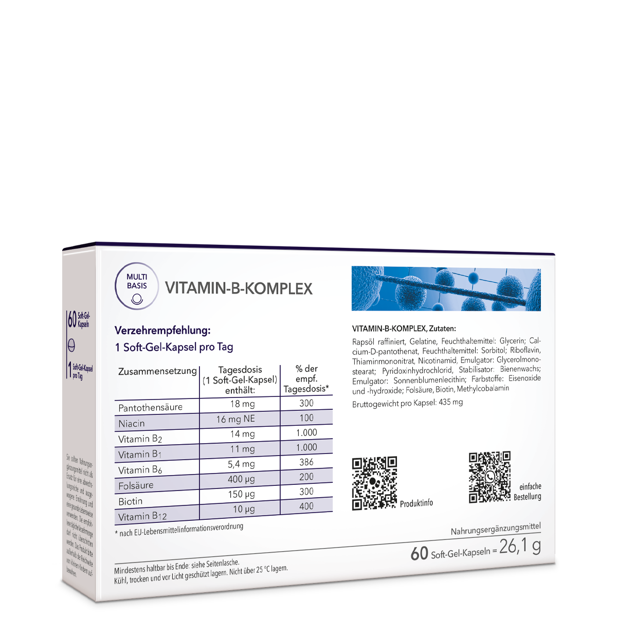 Die Rückseite der Produktpackung Vitamin-B-Komplex von Medicom mit Verzehrempfehlung, Zusammensetzung und Zutaten