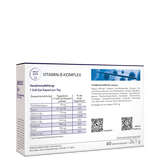 Die Rückseite der Produktpackung Vitamin-B-Komplex von Medicom mit Verzehrempfehlung, Zusammensetzung und Zutaten