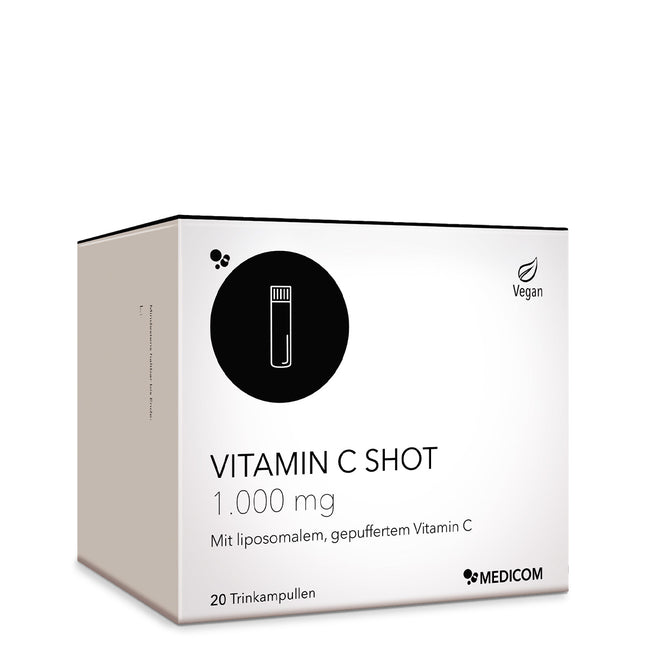 Die Vorderseite der Packung von Vitamin C Shot 1.000 mg von Medicom
