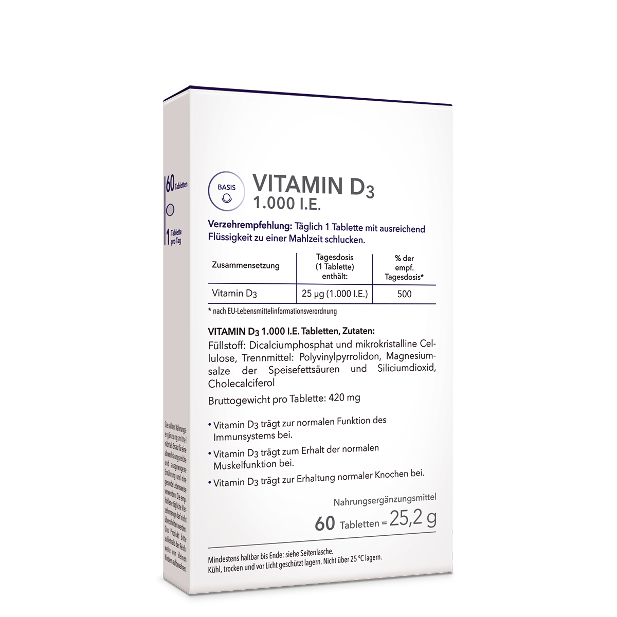 Die Rückansicht der Produktpackung von Vitamin D3 1.000 I.E. mit Angabe von Verzehrempfehlung, Zusammensetzung und Zutaten