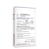 Die Rückansicht der Produktpackung von Vitamin D3 1.000 I.E. mit Angabe von Verzehrempfehlung, Zusammensetzung und Zutaten