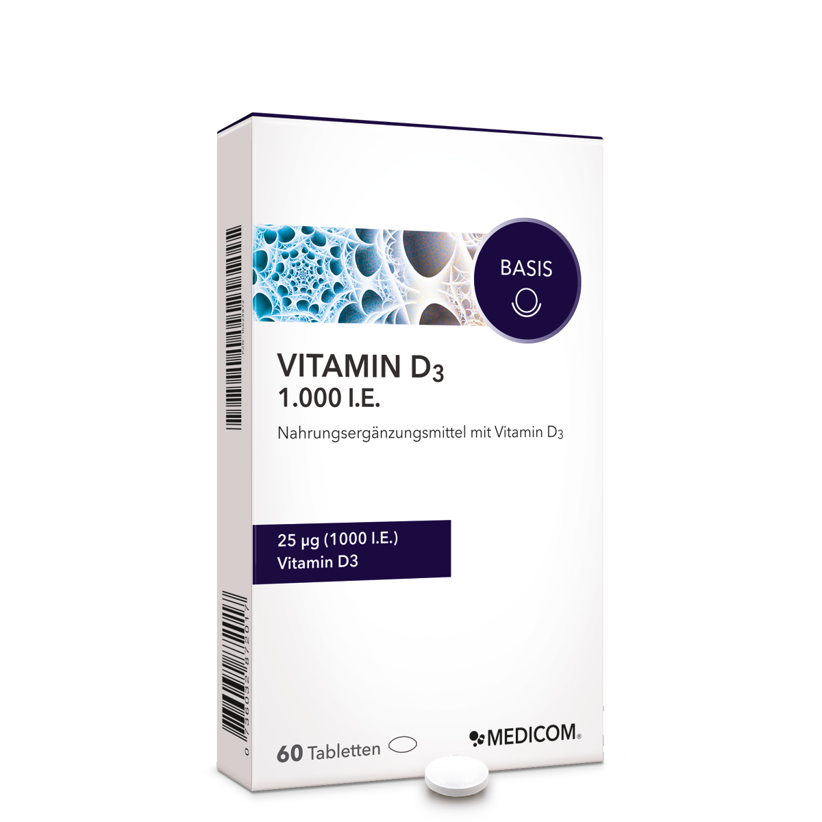 Vitamin D3 1.000 I.E. – die Vorderseite der Produktpackung mit der Angabe zur Tablettenmenge