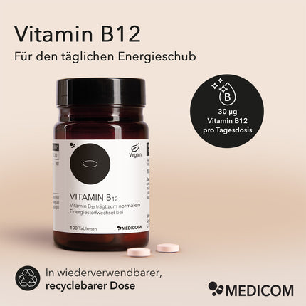 Die Produktdose von Vitamin B12 mit zwei Tabletten im Vordergrund 