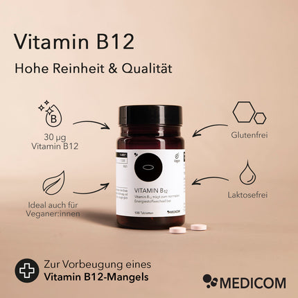 Die Produktdose Vitamin B12 mit Produktinformationen, 30 µg Vitamin B12, ideal auch für Veganer:innen , glutenfrei & laktosefrei  