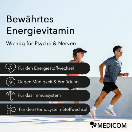 Zwei Läufer in der Sonne und Produktinformationen zu Vitamin B12 mit Anwendungsgebieten: für den Energiestoffwechsel, gegen Müdigkeit & Ermüdung, für das Immunsystem, für den Homocystein-Stoffwechsel  