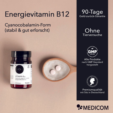 Die Produktdose von Vitamin B12 mit einer Auflistung von Qualitätsmerkmalen und Zertifikaten und mit der Information Cyanocobalamin-Form (stabil und gut erforscht)