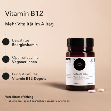 Die Produktdose von Vitamin B12 mit zwei Tabletten im Vordergrund. Auflistung der Produktvorteile, bewährtes Energievitamin, optimal auch für Veganer:innen und für gut gefüllte Vitamin B12-Depots  