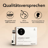 Drei Trinkampullen und die Produktpackung von Vitamin C Shot 1.000 mg sowie Siegel und Qualitätszertifikate zum Produkt und zu Medicom