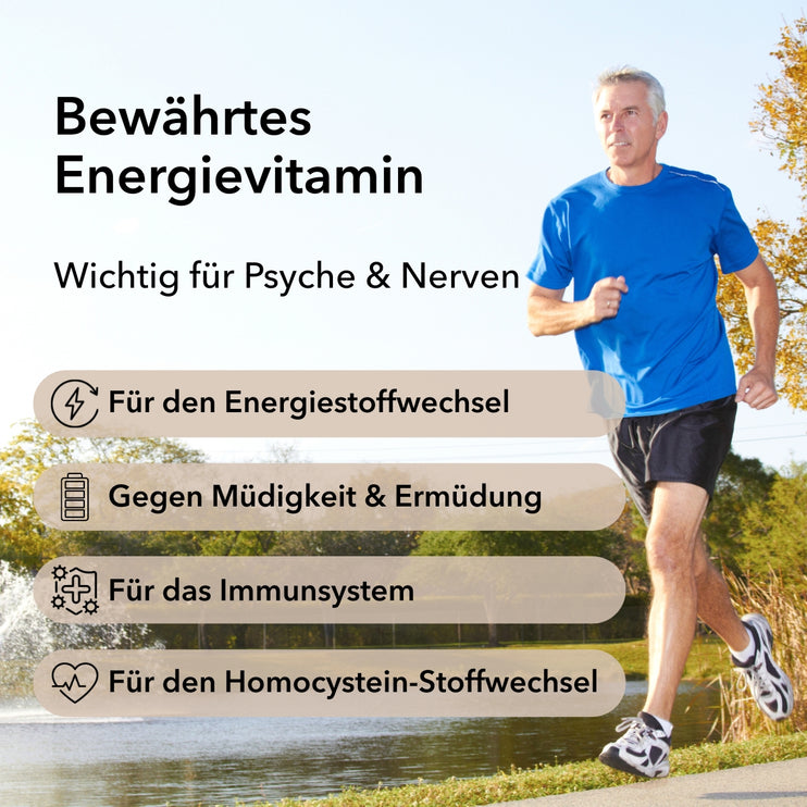 Produktinformationen zu Vitamin B12 mit Anwendungsgebieten: für den Energiestoffwechsel, gegen Müdigkeit & Ermüdung, für das Immunsystem, für den Homocystein-Stoffwechsel  