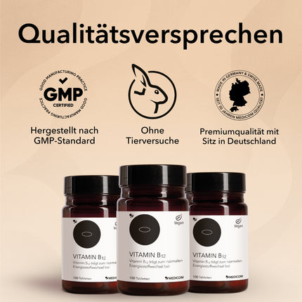 Die Produktdose von Vitamin B12 mit einer Auflistung von Qualitätsmerkmalen und Zertifikaten und mit der Information Cyanocobalamin-Form
