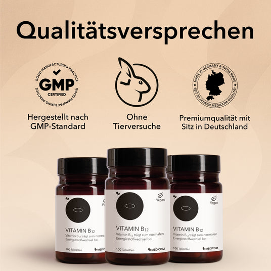 Die Produktdose von Vitamin B12 mit einer Auflistung von Qualitätsmerkmalen und Zertifikaten und mit der Information Cyanocobalamin-Form