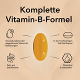 Im Mittelpunkt eines beigen Hintergrunds steht eine orangefarbene Kapsel, flankiert von Symbolen und einem deutschen Text über den Medicom Vitamin-B-Komplex, einen vollständigen B-Vitamin-Komplex für das Nervensystem.