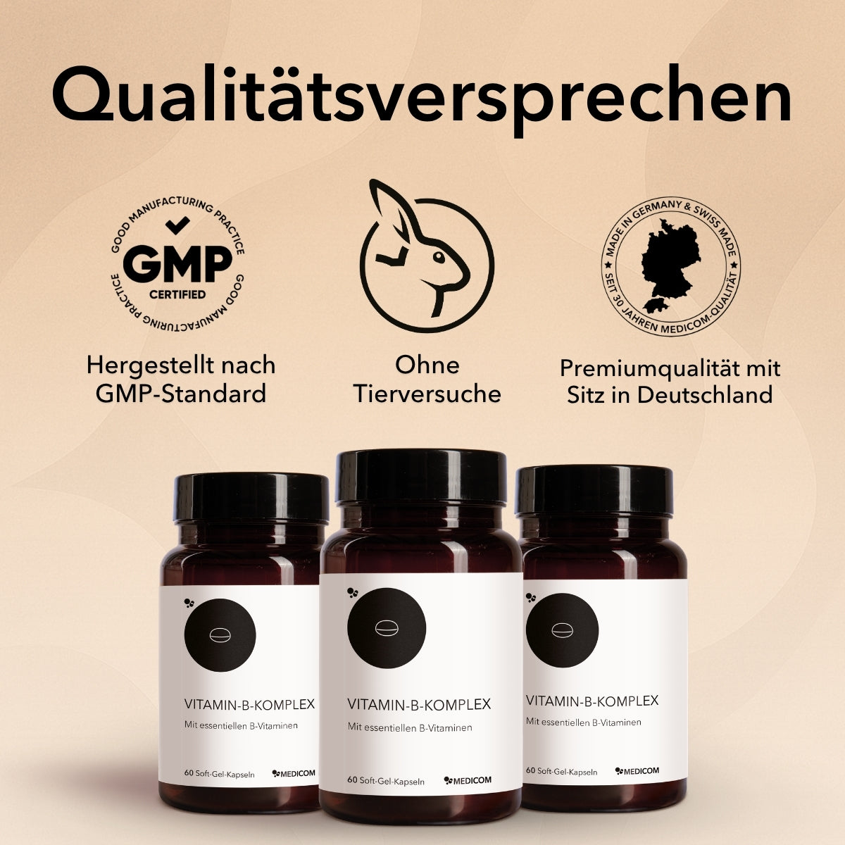 Drei Flaschen Medicom Vitamin-B-Komplex mit deutschen Etiketten und Qualitätssiegeln – GMP-zertifiziert, tierversuchsfrei und in Premiumqualität – ideal zur Unterstützung Ihres Nervensystems.