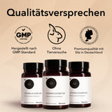 Drei Flaschen Medicom Vitamin-B-Komplex mit deutschen Etiketten und Qualitätssiegeln – GMP-zertifiziert, tierversuchsfrei und in Premiumqualität – ideal zur Unterstützung Ihres Nervensystems.