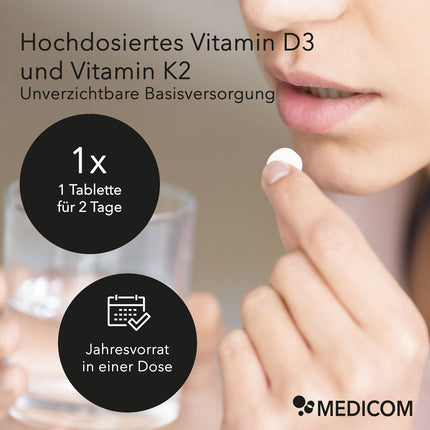 Produktinformationen zu Vitamin D3 + K2 Tabletten mit folgendem Text: Hochdosiertes Vitamin D3 und Vitamin K2, unverzichtbare Basisversorgung, 1 x 1 Tablette für 2 Tage und Jahresvorrat in einer Dose. Rechts im Bild: Nahaufnahme eines Frauenmundes. Finger halten eine Tablette in der Hand