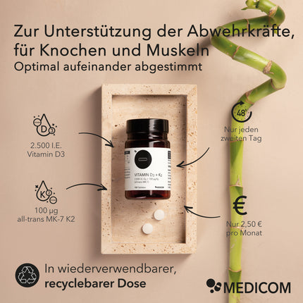 Produktinformationen zu Vitamin D3 + K2 Tabletten. Zur Unterstützung der Abwehrkräfte, für Knochen und Muskeln, optimal aufeinander abgestimmt. Vier Pfeile mit Textinfomationen zum Produkt wie Inhaltsstoffe, Verzehrempfehlung und Preis pro Monat. In der wiederverwendbaren Dose. Die Produktdose liegt auf einem Marmortablett.