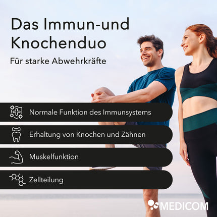 Produktinformationen zu Vitamin D3 + K2 mit Anwendungsgebieten: normale Funktion des Immunsystems, Erhaltung von Knochen und Zähnen, Muskelfunktion, Zellteilung. Das Immun- und Knochenduo für starke Abwehrkräfte.