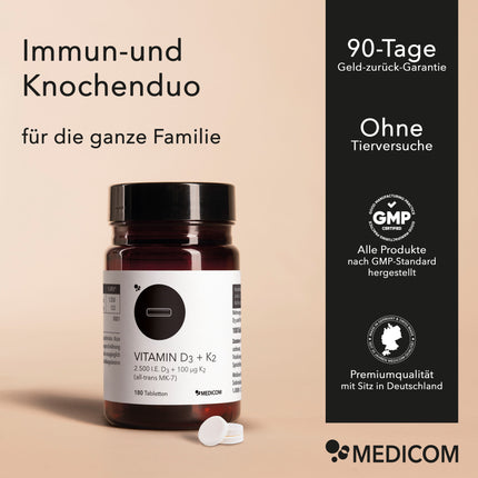 Immun- und Knochenduo für die ganze Familie. Rechts im Bild: Qualitätssiegel und Zertifikate von Medicom. Abbildung der Produktdose mit 3 Tabletten im Vordergrund.