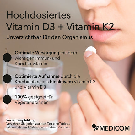 Produktinformationen zu Vitamin D3 + K2 Tabletten: Unverzichtbar für den Organismus, optimale Versorgung, optimierte Aufnahme und 100% geeignet für Vegetarier:innen. Unten links die genaue Information zur Verzehrempfehlung.