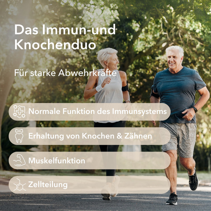 Produktinformationen zu Vitamin D3 + K2 mit Anwendungsgebieten: normale Funktion des Immunsystems, Erhaltung von Knochen und Zähnen, Muskelfunktion, Zellteilung. Das Immun- und Knochenduo für starke Abwehrkräfte.