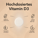 Produktinformationen zu Vitamin D3 + K2 Tabletten mit folgendem Text: Hochdosiertes Vitamin D3 und Vitamin K2, unverzichtbare Basisversorgung, 1 x 1 Tablette für 2 Tage und Jahresvorrat in einer Dose. Die Tablette in der Mitte des Bildes