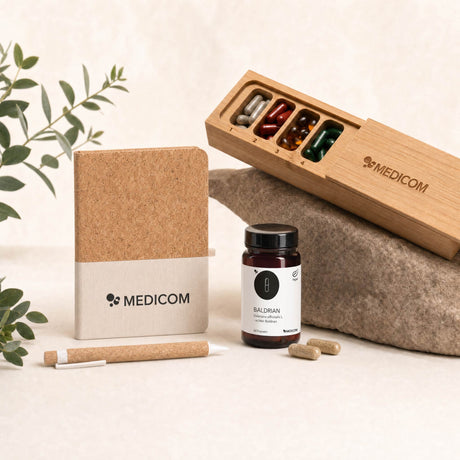 Ein Medicom-Willkommensgeschenk-Set mit einem Notizbuch, einer Nahrungsergänzungsmittelflasche, einem Tablettenbehälter und einer Pflanze, arrangiert auf beigem Hintergrund.