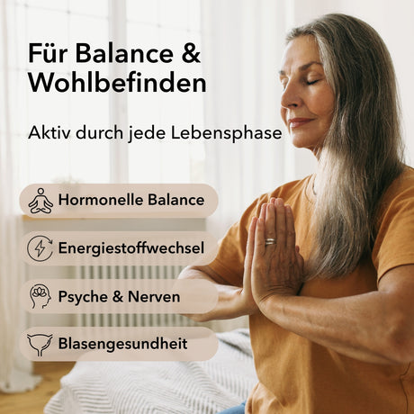 Beschreibung der Anwendungsgebiete von Nobilin Woman Balance: hormonelle Balance, Energiestoffwechsel, Psyche & Nerven und Blasengesundheit.