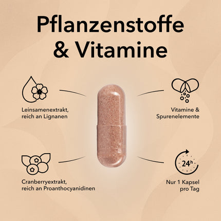 Produktbeschreibung und Verzehrempfehlung von Nobilin Woman Balance. Eine Frauenhand hält eine Kapsel in der Hand