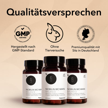 Die Produktdose von Nobilin Woman Balance mit Qualitätszertifikaten und Siegeln