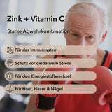 Produktinformationen zu Zink plus Vitamin C Tabletten mit vier Anwendungsgebieten: 
Für das Immunsystem, Schutz vor oxidativem Stress, Für den Energiestoffwechsel und für Haut, Haare und Nägel. Im Hintergrund ein älterer Mann mit Boxhandschuhen