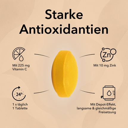 Produktinformationen zu Zink Plus Vitamin C Tabletten: starke Antioxidantien, mit 225 mg Vitamin C, mit 10 mg Zink, 1 x täglich 1 Tablette und mit Depot-Effelt, langsame & gleichmäßige Freisetzung