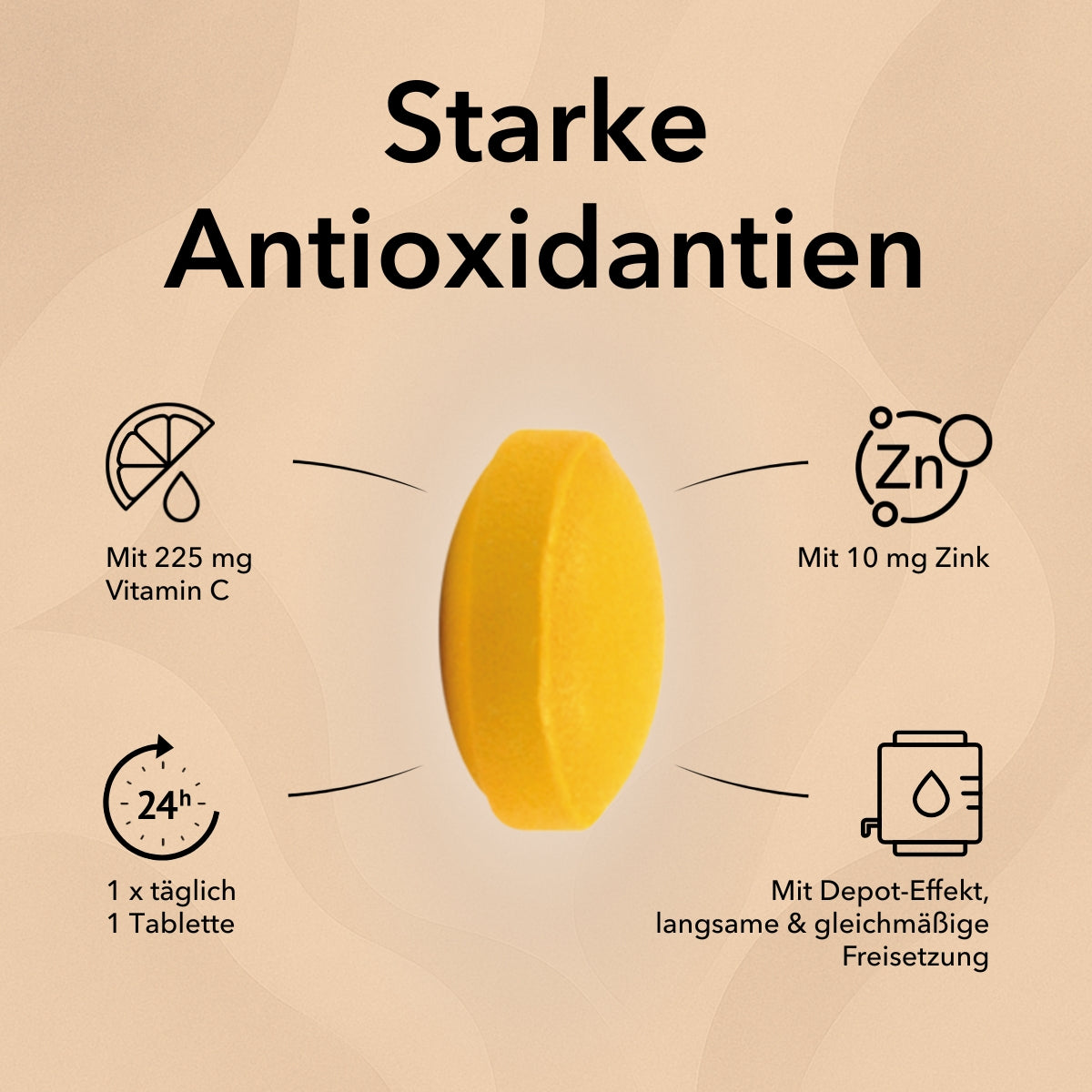 Produktinformationen zu Zink Plus Vitamin C Tabletten: starke Antioxidantien, mit 225 mg Vitamin C, mit 10 mg Zink, 1 x täglich 1 Tablette und mit Depot-Effelt, langsame & gleichmäßige Freisetzung