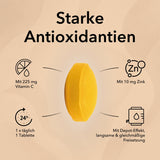 Produktinformationen zu Zink Plus Vitamin C Tabletten: starke Antioxidantien, mit 225 mg Vitamin C, mit 10 mg Zink, 1 x täglich 1 Tablette und mit Depot-Effelt, langsame & gleichmäßige Freisetzung