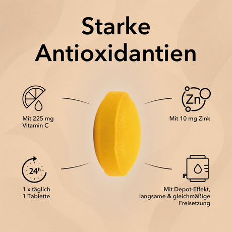 Produktinformationen zu Zink Plus Vitamin C Tabletten: starke Antioxidantien, mit 225 mg Vitamin C, mit 10 mg Zink, 1 x täglich 1 Tablette und mit Depot-Effelt, langsame & gleichmäßige Freisetzung