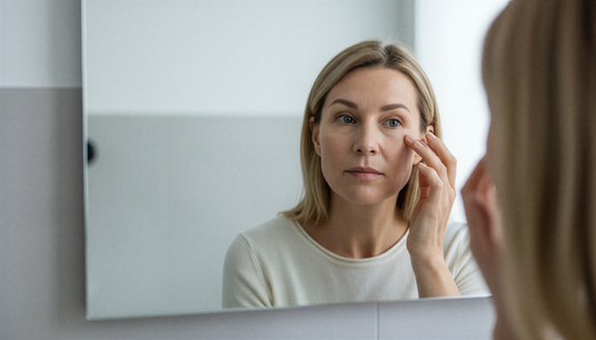 Eine Frau betrachtet ihr Spiegelbild und berührt dabei sanft die Haut unter ihrem Auge.