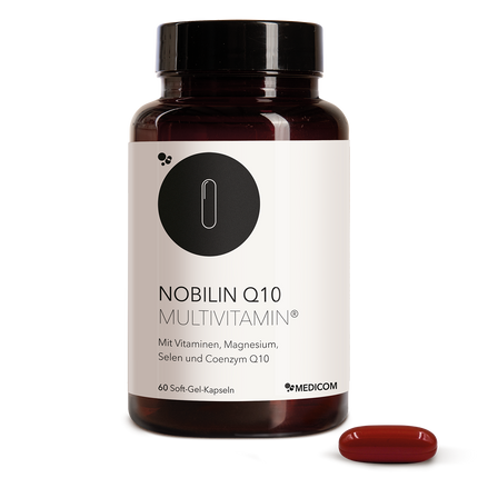 Vorderansicht der Produktdose von Nobilin Q10 Multivitamin® mit einer Soft-Gel-Kapsel im Vordergrund