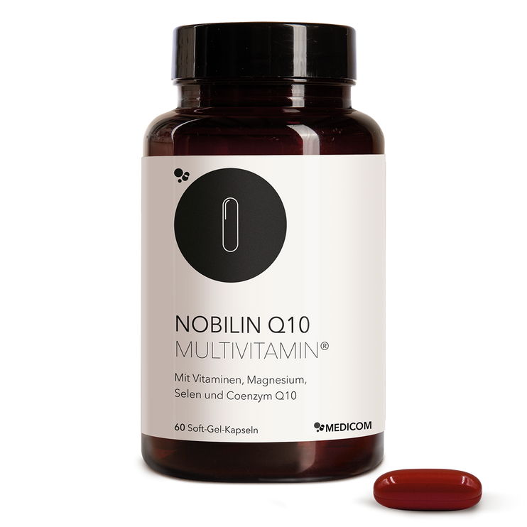 Vorderansicht der Produktdose von Nobilin Q10 Multivitamin® mit einer Soft-Gel-Kapsel im Vordergrund