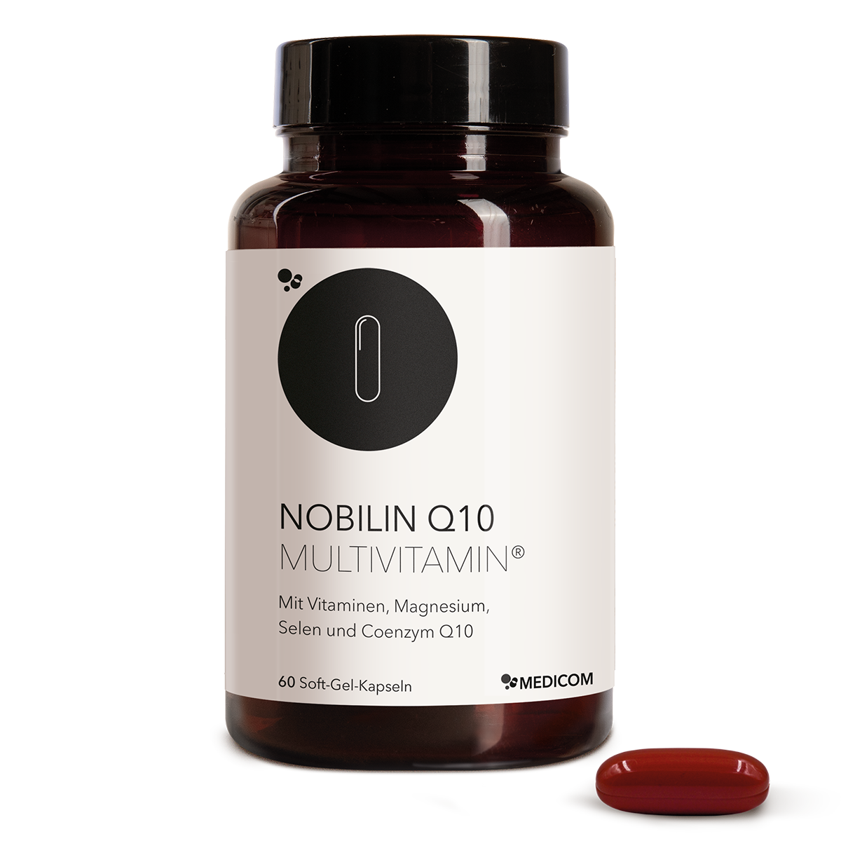 Vorderansicht der Produktdose von Nobilin Q10 Multivitamin® mit einer Soft-Gel-Kapsel im Vordergrund