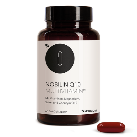 Die Vorderansicht der Produktdose Nobilin Q10 Multivitamin® mit einer Soft-Gel-Kapsel im Vordergrund
