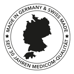 Medicom Siegel in schwarz weiß mit einer Deutschlandkarte und der Schweiz. Seit 30 Jahren Premium-Qualität.